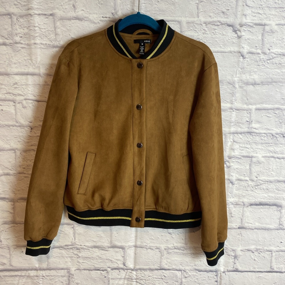 Aqua Women's Faux Suede Varsity Metallic Stripe Rib Trim Bomber  Casual Jacket